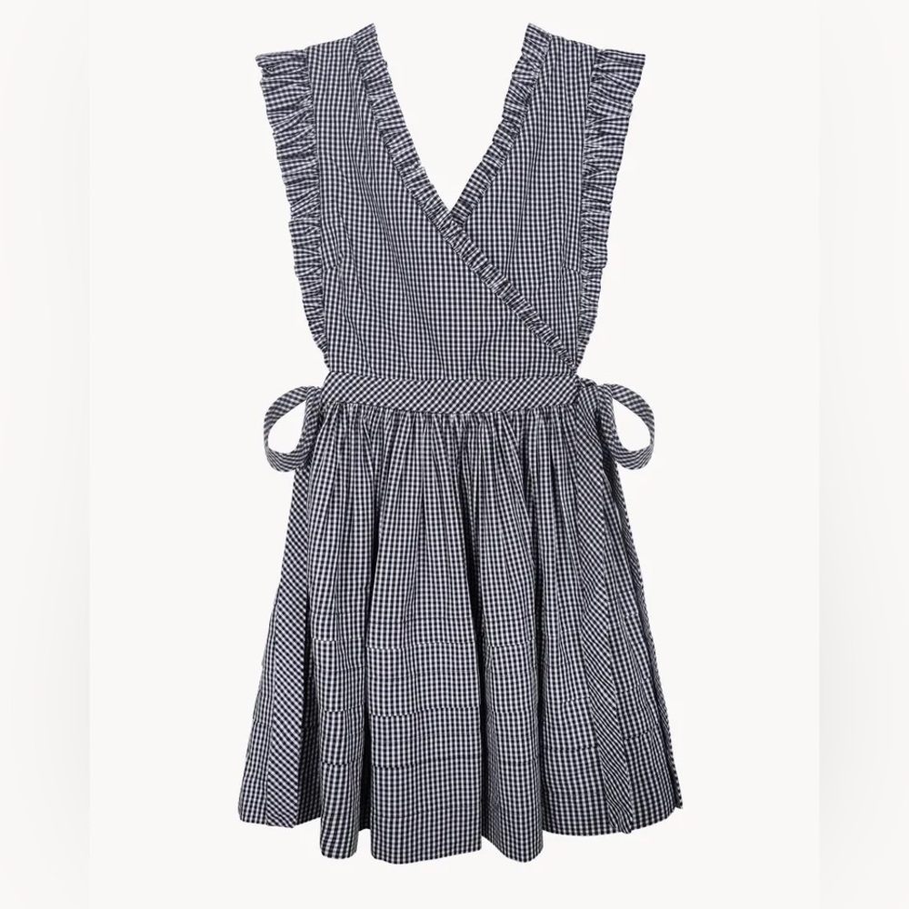 Sandy Liang Loaf Apron-Style Tie Navy and White Gingham Dress - Large (L)